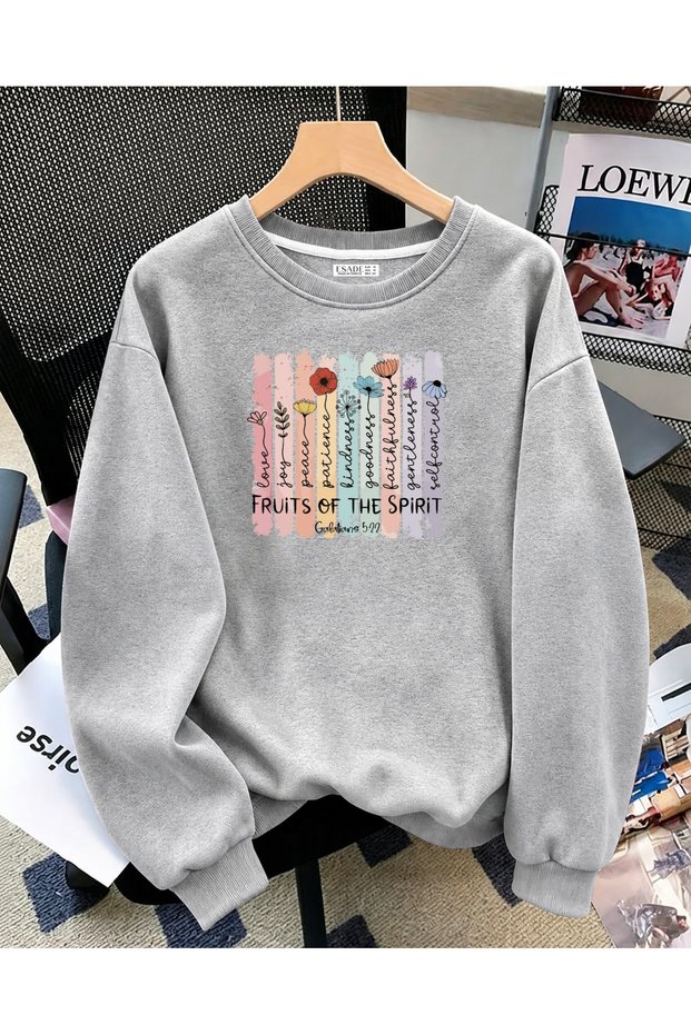 Women's Fruits Flower Special Design Graphic Printed Comfortable Fit Crew Neck Gray Sweatshirt