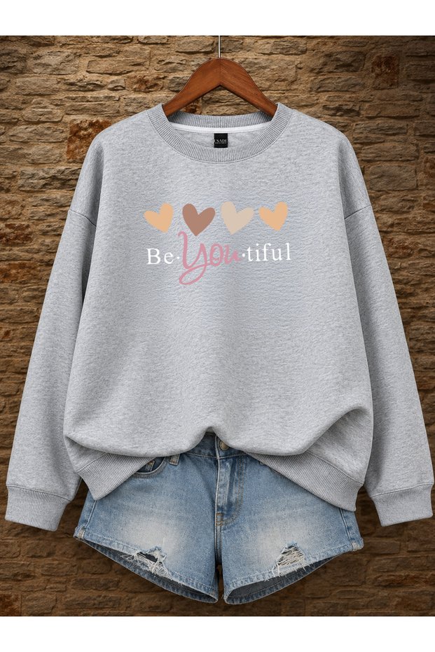 Women's Be Youtiful Written 4 Heart Printed Comfortable Fit Crew Neck Gray Sweatshirt