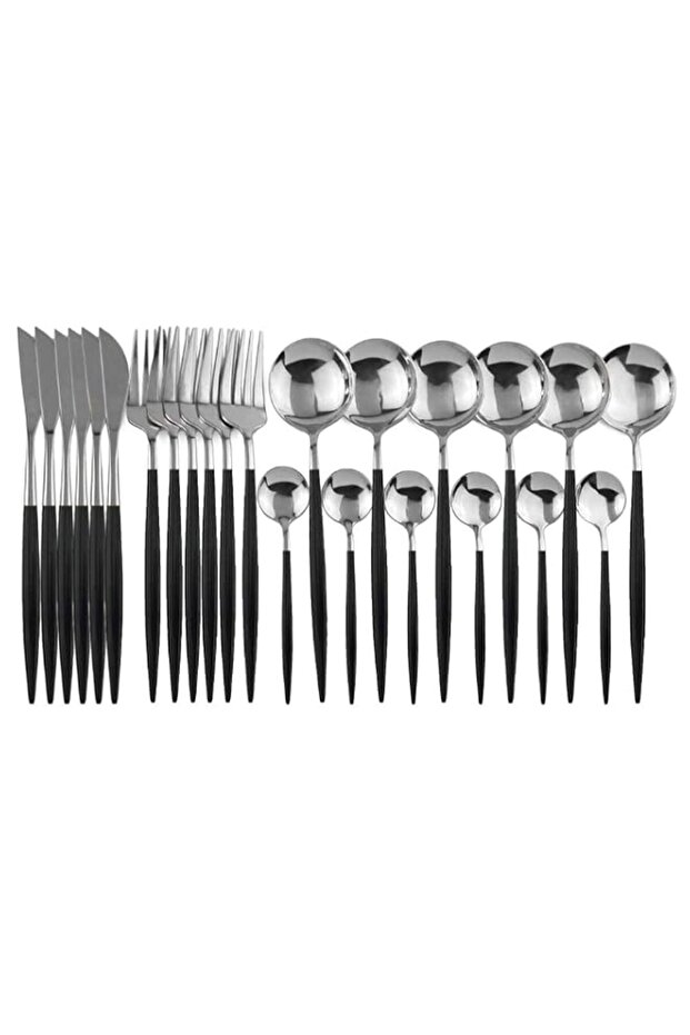 24 Piece Cutlery Set, 18/0 Stainless Steel Knife, Fork, Spoon, Teaspoon, Cutlery Set, Service for 6, Black Handle, Silver