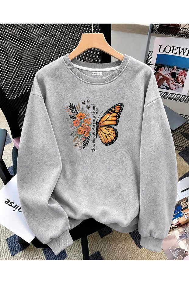 Women's Floral and Butterfly Special Design Printed Comfortable Fit Crew Neck Gray Sweatshirt
