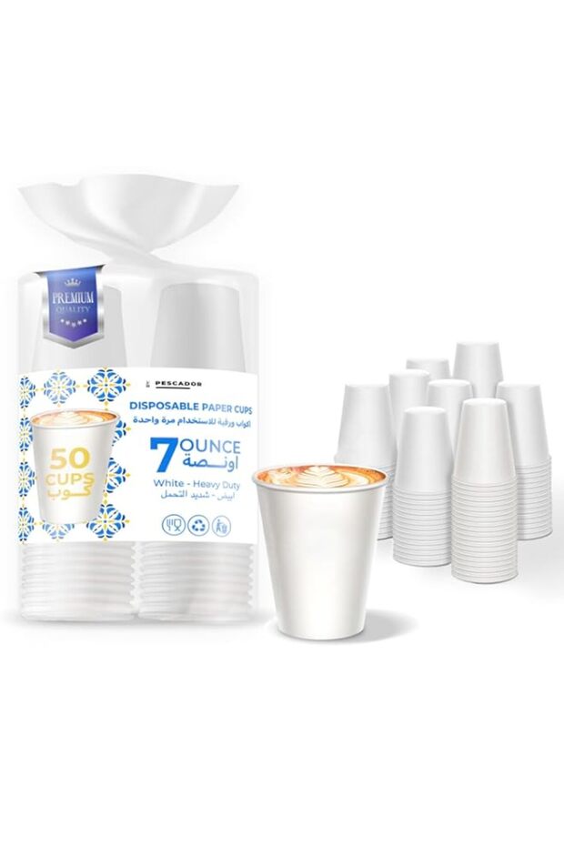 PESCADOR Paper Cups 7oz (50 Pack) White Disposable Coffee Cups for Hot & Cold Drinks - Paper Cups - 50 Count Pack (7 Oz., 50 Count)