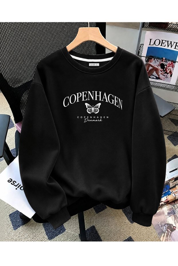 Women's Copenhagen Written Butterfly Printed Comfortable Fit Crew Neck Black Sweatshirt