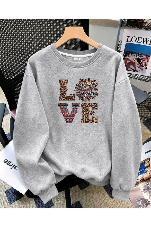 Women's Leopard and Ethnic Patterned Love Printed Comfortable Fit Crew Neck Gray Sweatshirt