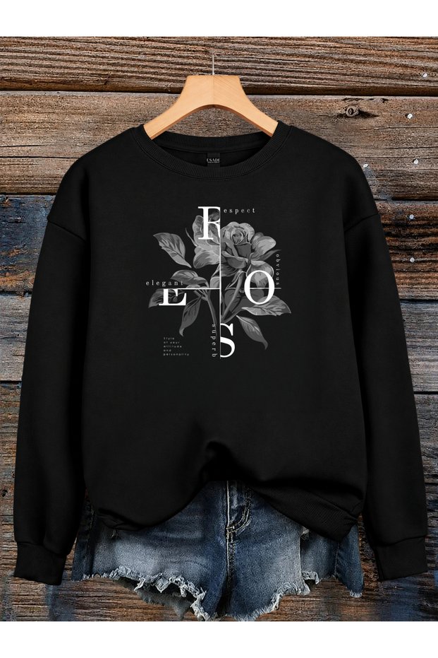 Women's Special Design Rose and Text Printed Graphic Comfortable Fit Crew Neck Black Sweatshirt