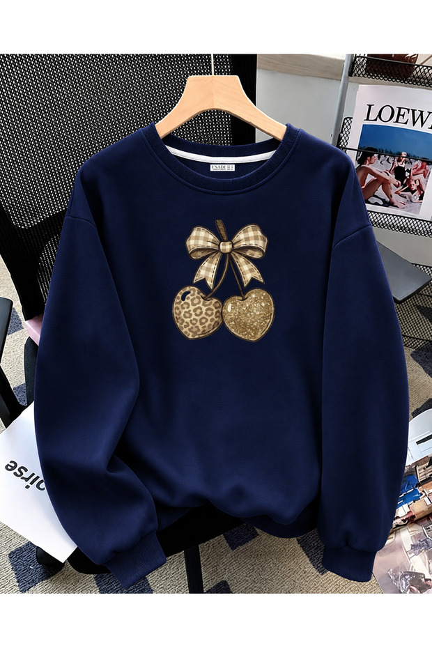 Women's Ribbon Cherry Design Printed Comfortable Fit Crew Neck Navy Blue Sweatshirt