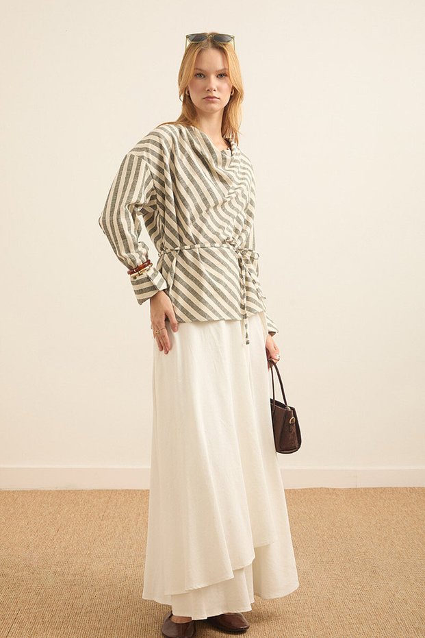 Degaje Collared Striped Blouse Khaki