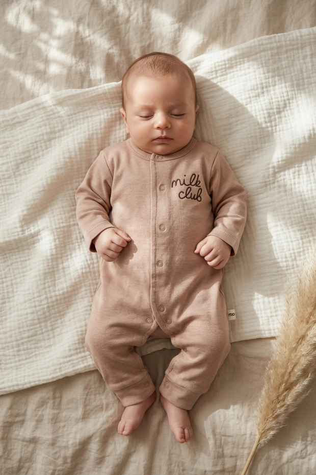 Milk Patterned Brown 100% Cotton, Footless Baby Boy Romper 0-3 Months