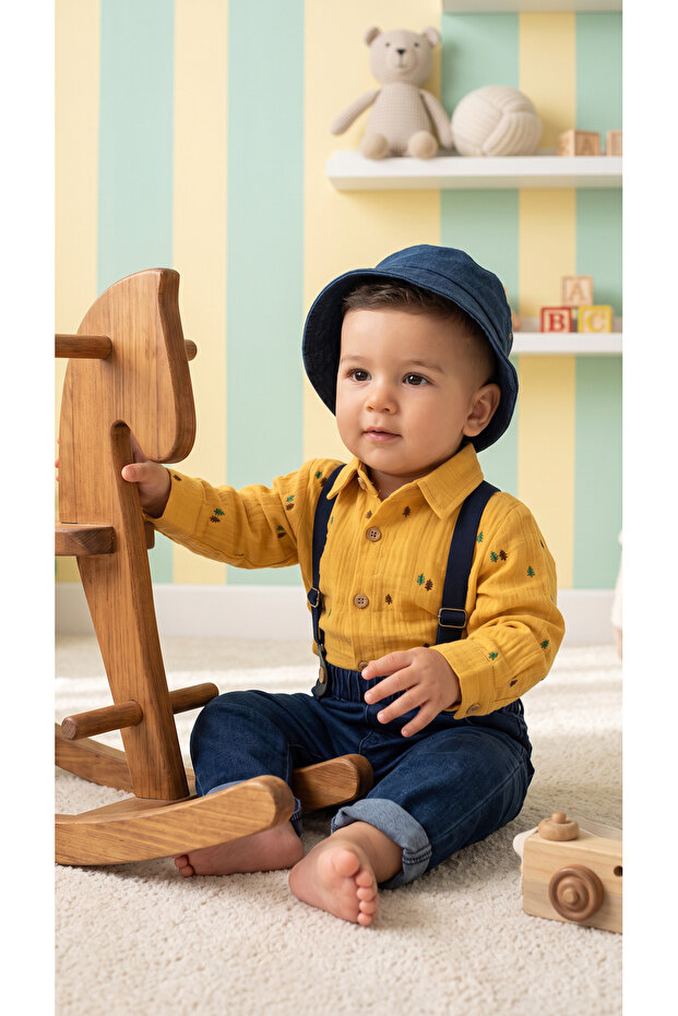 Adjustable Strap Belted Lycra Stretch Jeans and Pine Printed Muslin Shirt with Hat 4-Piece Set