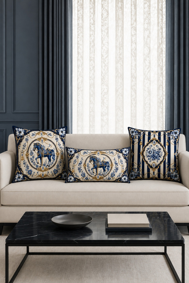 Blue Gold Horse Patterned 3-Piece Decorative Throw Pillow Cover Set
