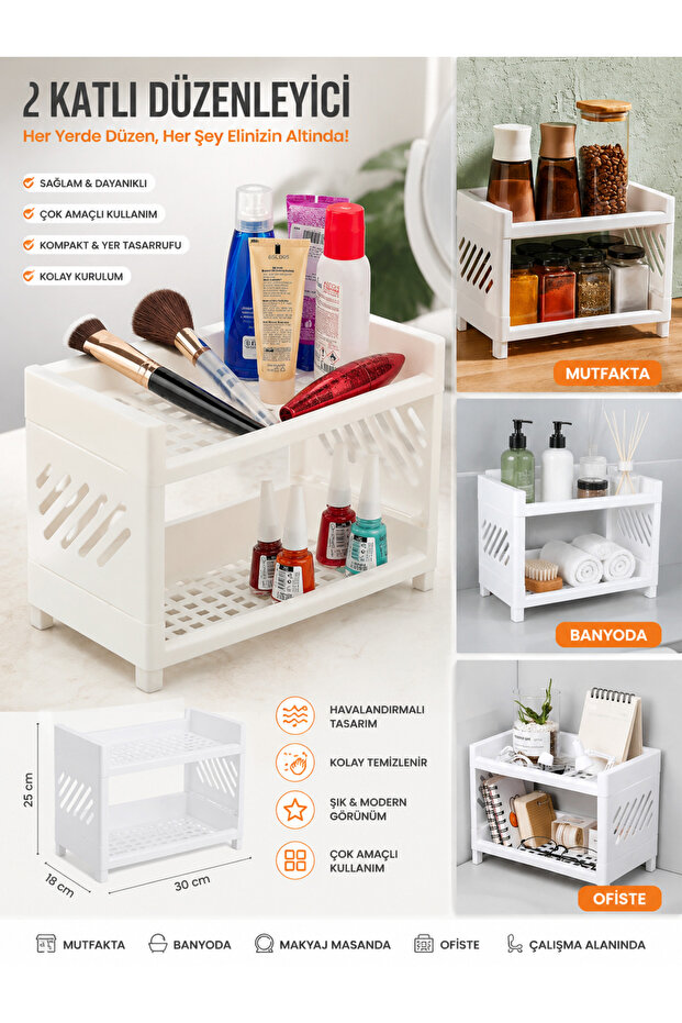 2-Tier Multi-Purpose Organizer Shelf – Kitchen, Bathroom, Makeup Table and Office Desktop Organizer White