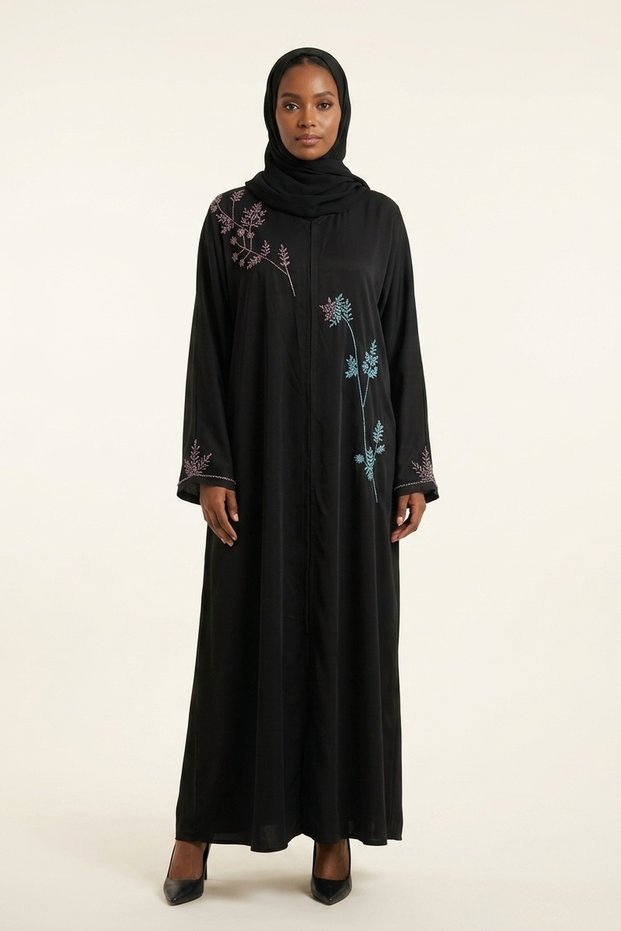 Women's Black Closed Abaya with Pastel Floral Embroidery - Amal | Modest Long Sleeve Maxi Dress