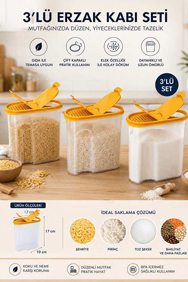 🟠 Set of 3 Transparent Food Containers 17X10 H: 17 cm | Food Container, Storage Container, Kitchen Organizer