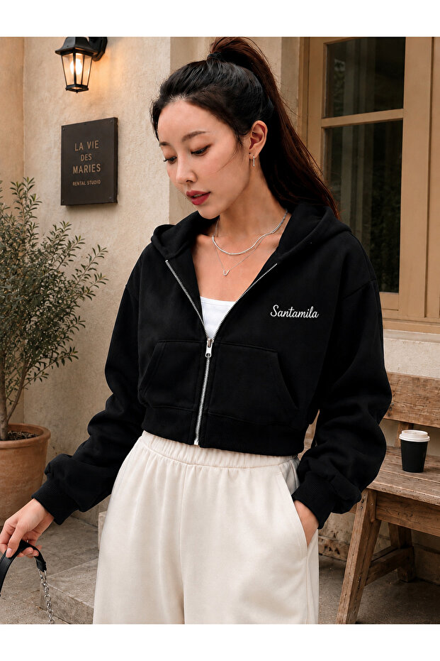 Black Printed Zippered Crop Sweatshirt Cardigan
