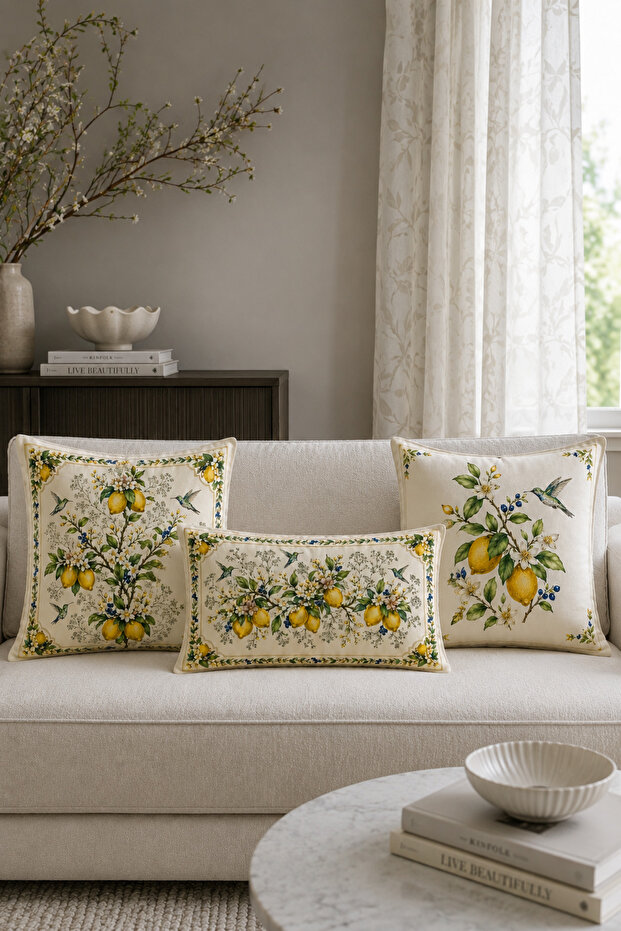 Lemon and Bird Patterned 3-Piece Decorative Throw Pillow Cover Set