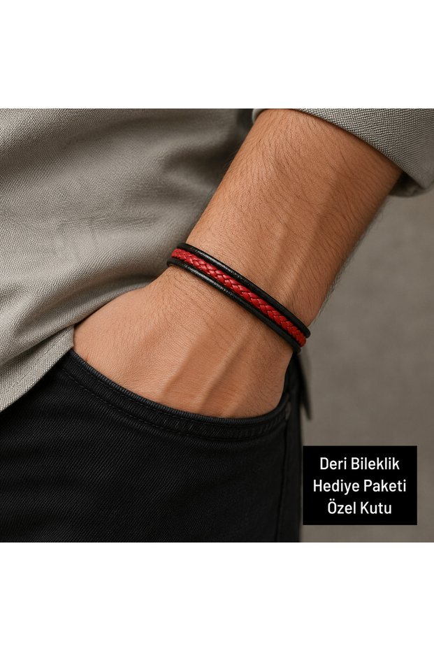 Vortex Red Black Braided Leather Men's Bracelet - with Special Gift Box
