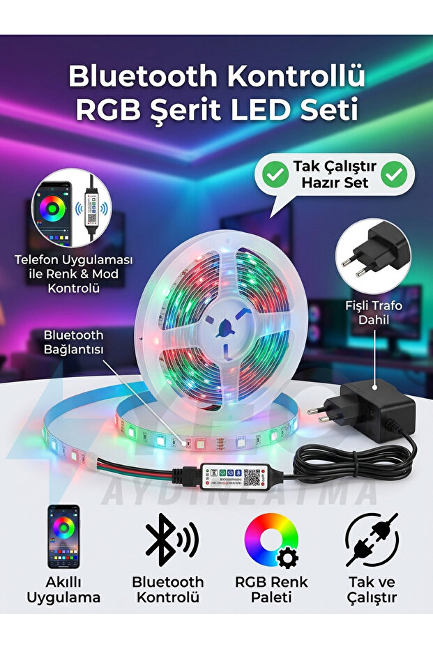مجموعة شريط إضاءة LED ذكية بطول 5 أمتار تعمل بتقنية RGB مع تحكم عبر البلوتوث - تطبيق للهاتف، محول توصيل وتشغيل، إضاءة داخلية