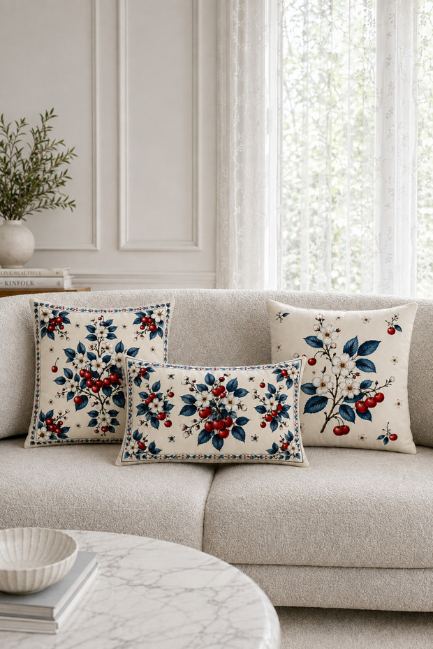 Red Cherry Botanical 3-Piece Throw Pillow Cover