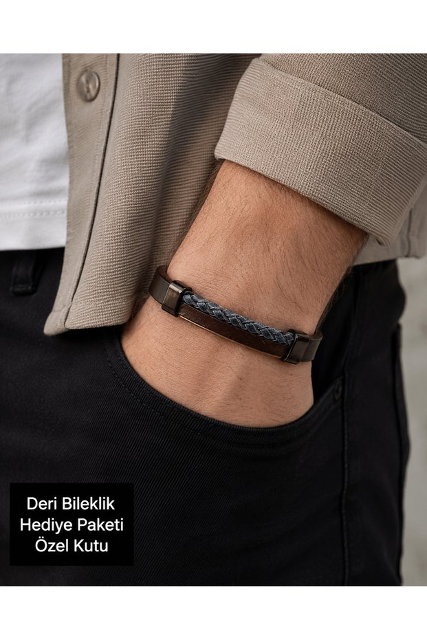 Varen Knitted Detailed Men's Leather Bracelet – Brown & Anthracite