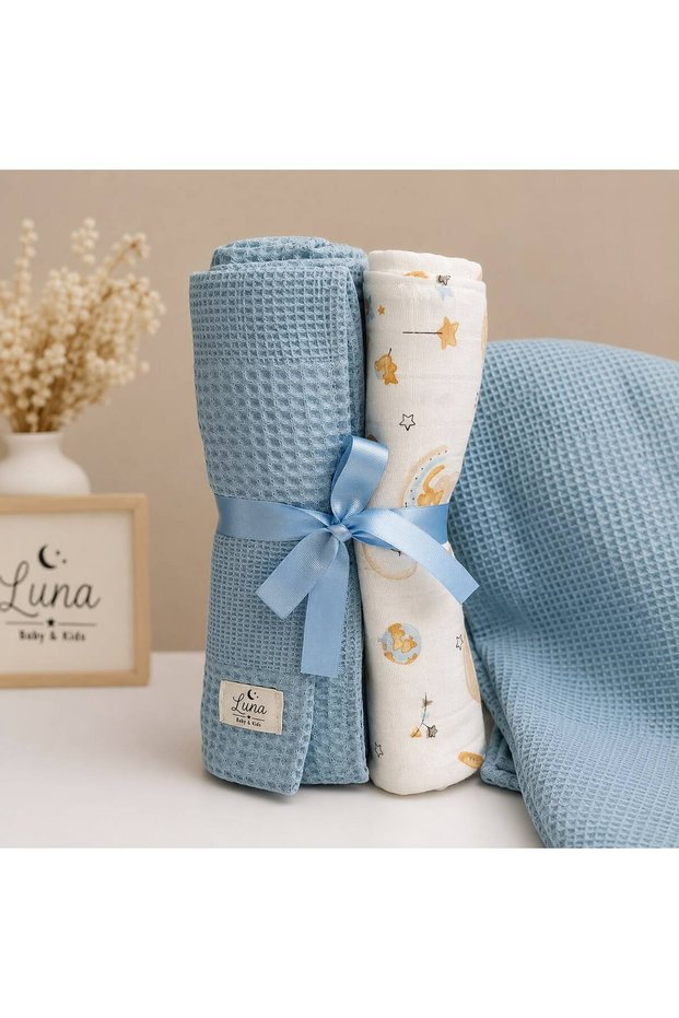 Muslin Pique 2-Piece Baby Blanket 85X85 cm – Blue