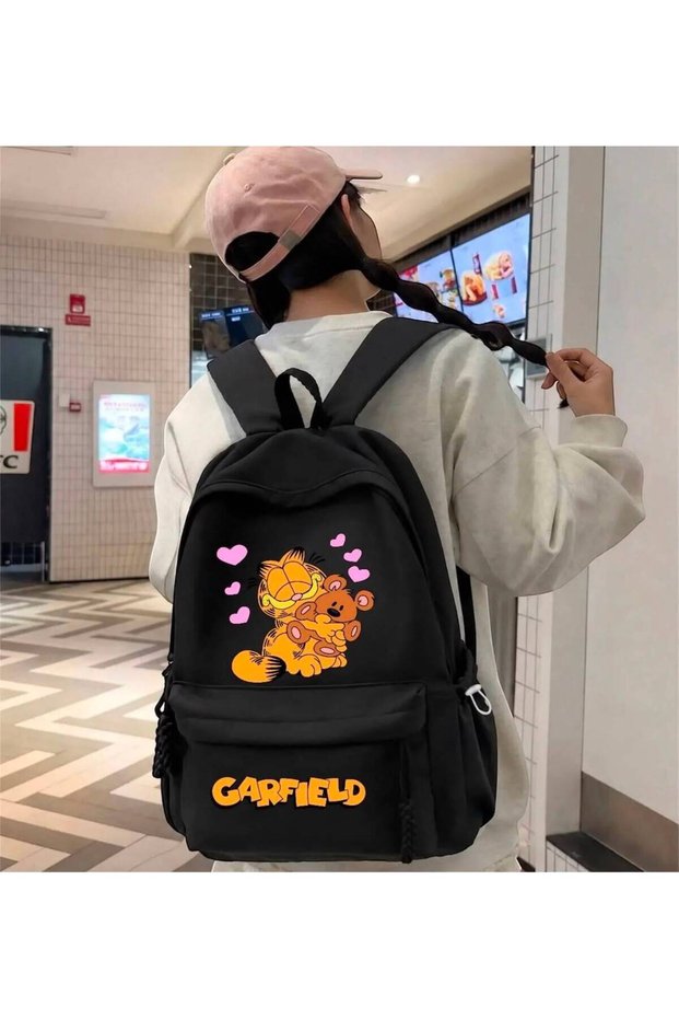 Black Garfield Printed School Backpack, Course Backpack