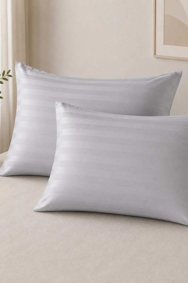Set of 2 Cotton Satin Striped Pillowcases - 83 Thread Count (210 Tc) Light Gray 50X70
