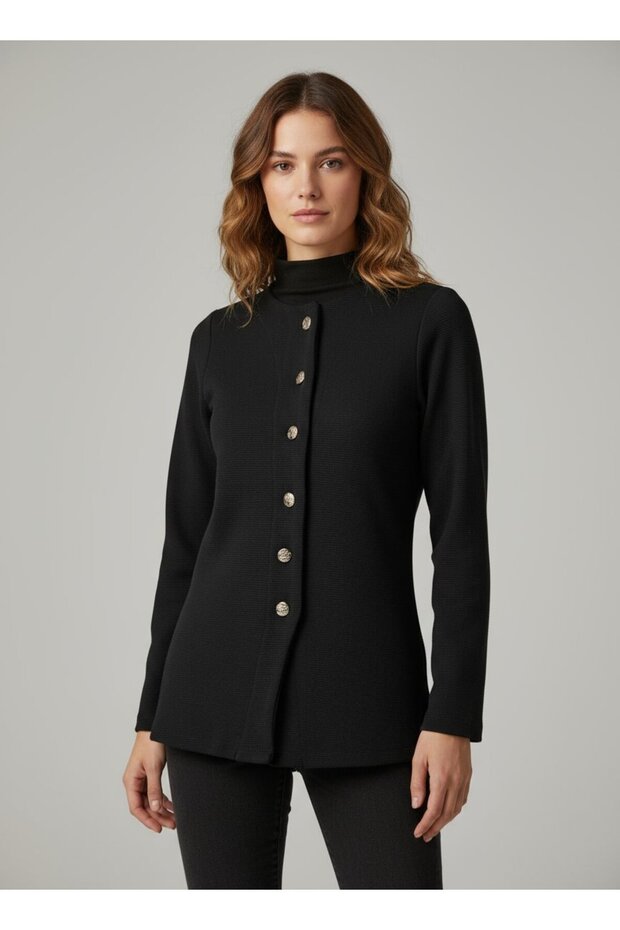 Women's Trendy Crew Neck Buttoned Black Jacket