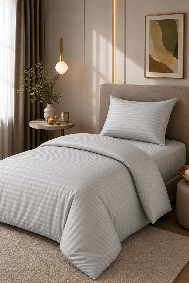 Single Cotton - Satin 210 Tc (83 Thread) Striped Duvet Cover Set Light Gray