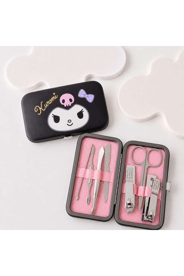 Cute Cat Kuromiii Patterned Black Manicure Pedicure Set Portable Grooming Bag Nail Clippers Tweezers Scissors and Grooming Tools Kit
