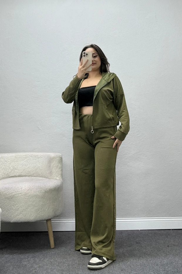 Women's Hooded Modal Stone Tracksuit Set Khaki