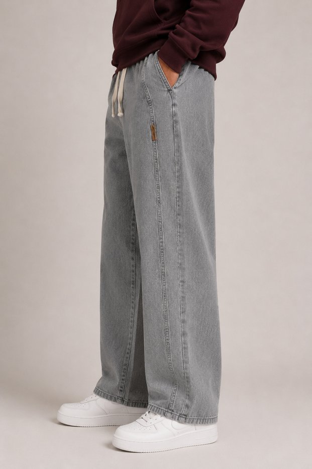 Men's Gray Elastic Waist Lace-Up Baggy Jeans – Flexible Jean Denim Relaxed Fit Straight Leg