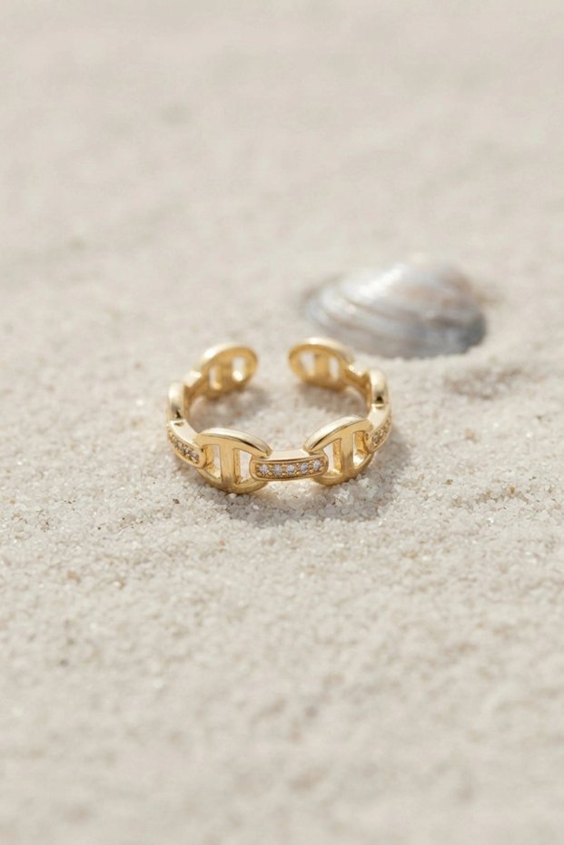 Gold Color Ship Chain Model Zircon Stone Women's Ring