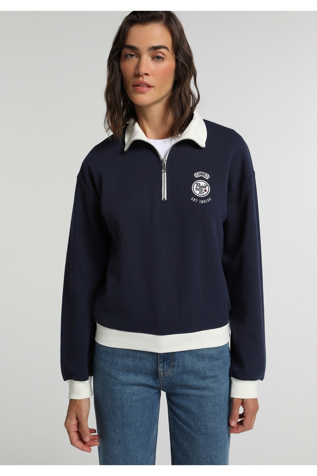 Regular Fit Polo Neck Embroidered Women's Navy Blue Sweatshirt