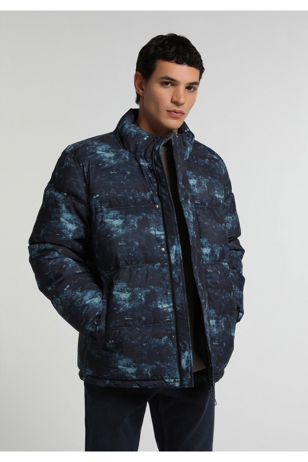 Regular Fit Stand Collar Zippered Lined Men's Navy Blue Coat