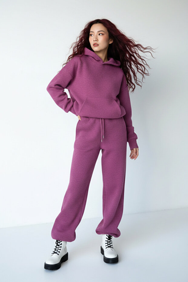 Women's Three-Thread Ribbed Tracksuit Set – Oversized Hooded Sweatshirt and Relaxed-Fit Pants
