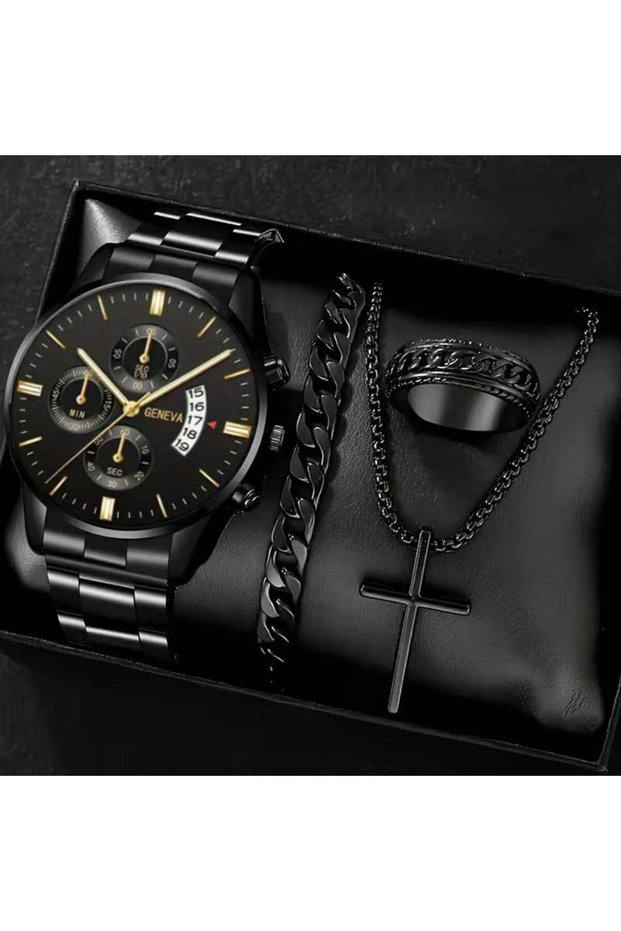 black 4PCS Business Men's Gift Box Watch Set Fashion Trend Quartz Watch Bracelet Necklace Ring Set P