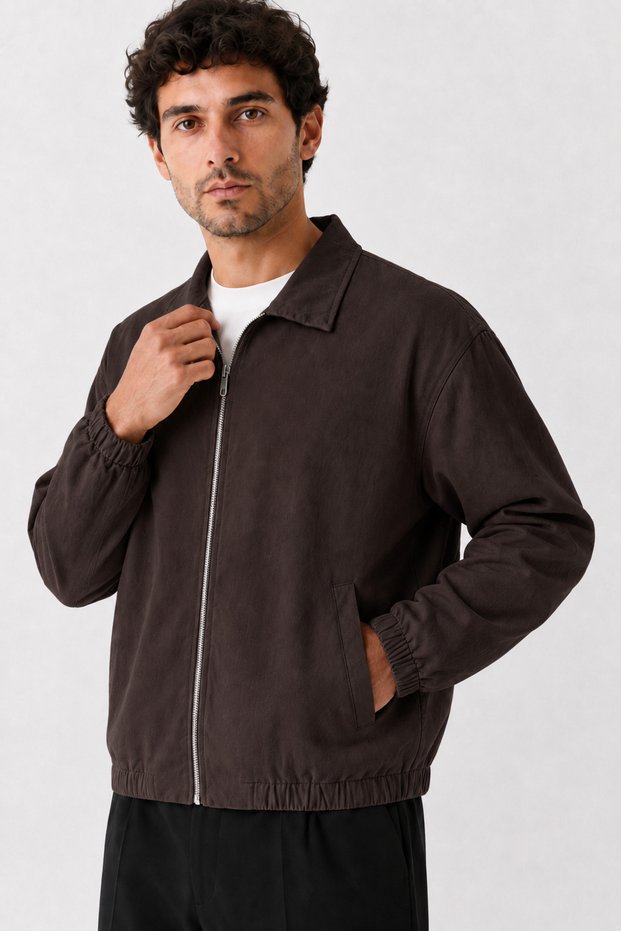 Men's Brown Premium, Gabardine, Zippered Polo Collar, Oversize, Seasonal Casual Jacket