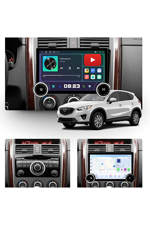 شاشة أندرويد لسيارة مازدا CX9 موديل 2007-2015 مع مقبضين ماسيين، تدعم كار بلاي لاسلكي وأندرويد أوتو، وكاميرا خلفية مدمجة بتقنية AHD.