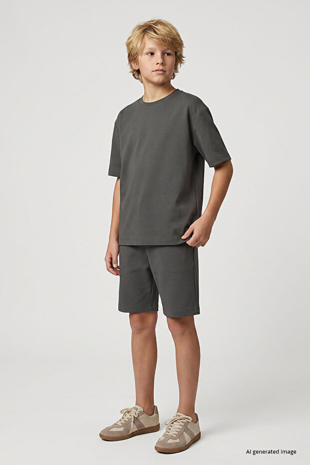 Khaki Oversize Fit Basic Boys' Shorts Set - 11335