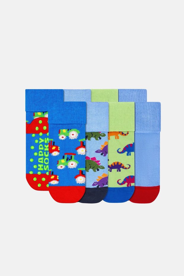- Multi-Colored 4-Piece Dinosaur and Tractor Patterned Non-Slip Children's Cotton Socks Set