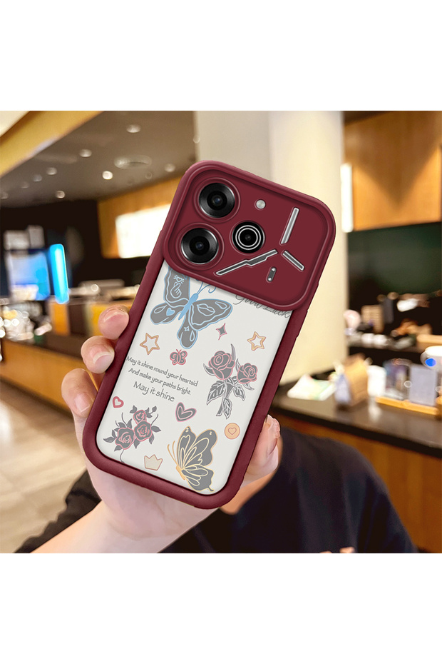 Tecno Pova 6 Compatible Case Camera Protector Heart Pattern Maroon Lover Couple Silicone Phone Case