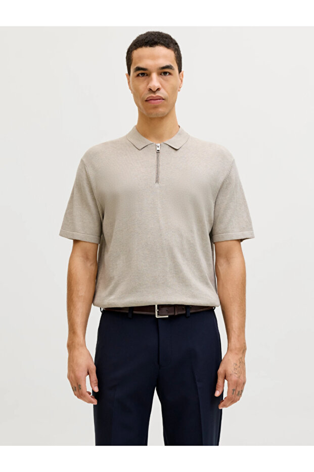 Cream Cotton Knit Zip Polo