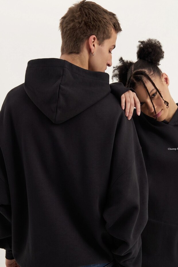 Unisex Oversize Tracksuit Set Champ & Leisure Printed Black–3 Thread, Hooded Top, Elasticated