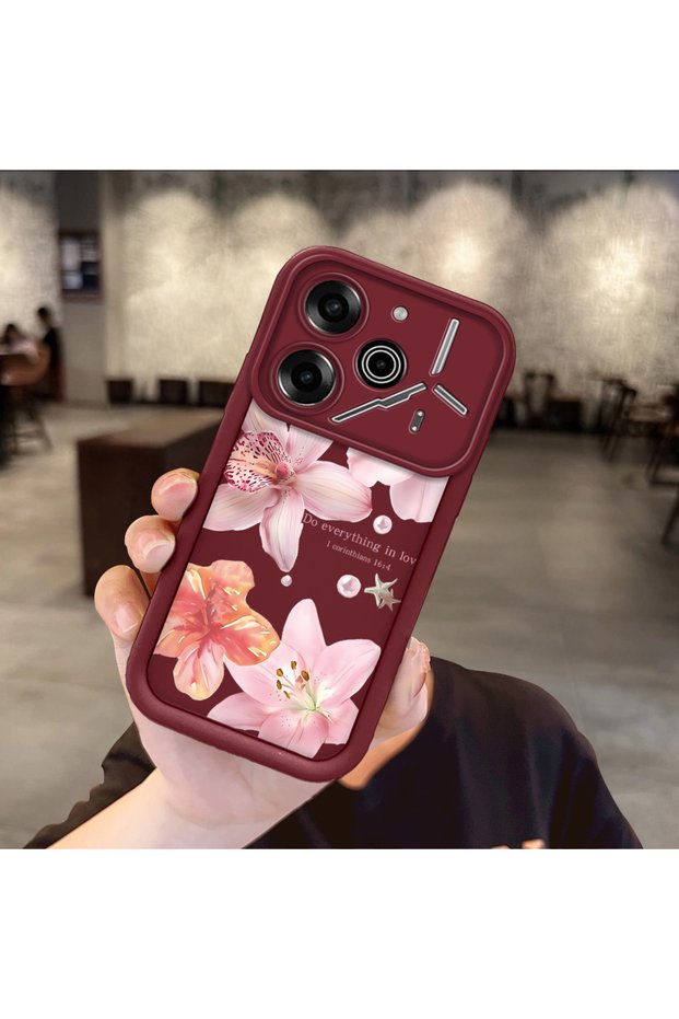 Tecno Pova 6 Compatible Case Camera Protective Flower Case Maroon Lover Couple Silicone Phone Case