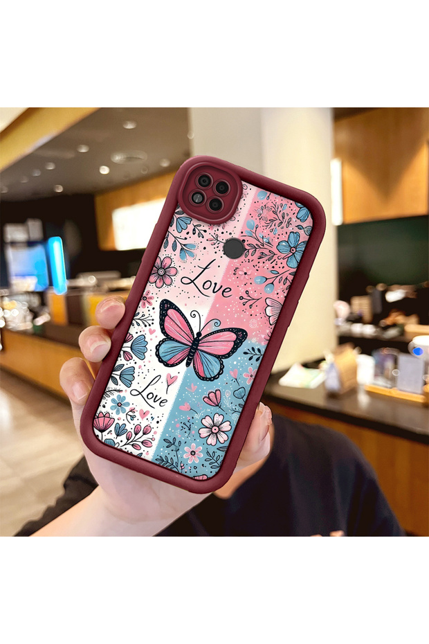 Xiaomi Poco C31 Compatible Case Camera Protector Stitch Pattern Maroon Lover Couple Silicone Phone Case