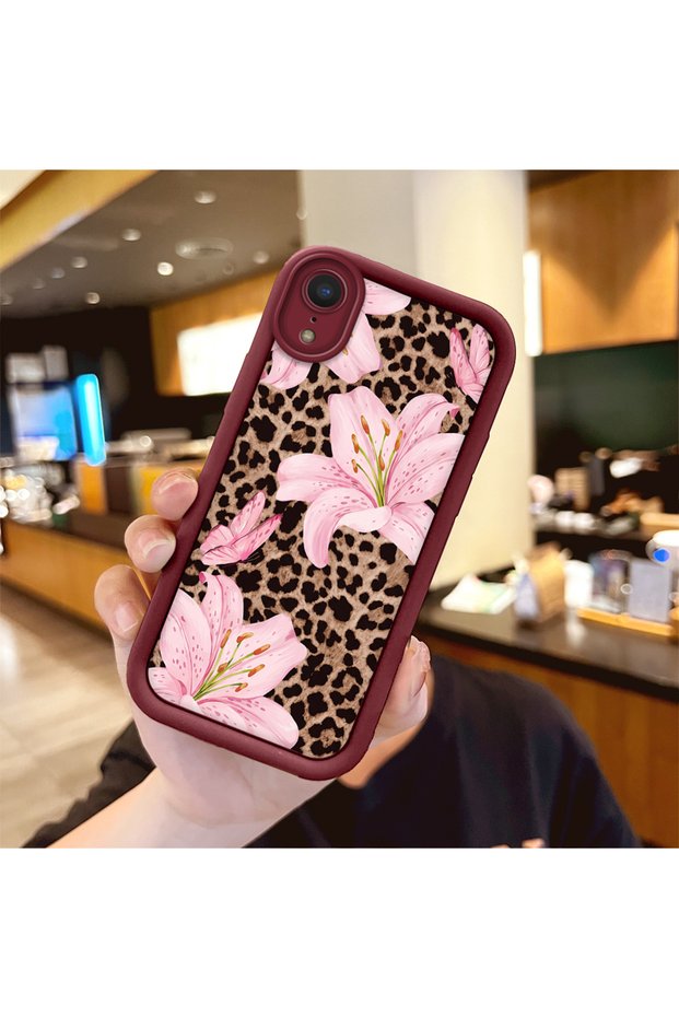iPhone Xr Compatible Case Camera Protector Floral Case Burgundy Lover Couple Silicone Phone Case
