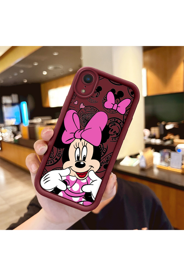 iPhone Xr Compatible Case Camera Protector Cartoon Pattern Maroon Lover Couple Silicone Phone Case