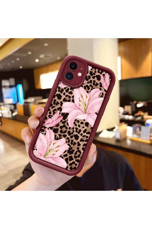 iPhone 11 Compatible Case Camera Protective Flower Case Burgundy Lover Couple Silicone Phone Case