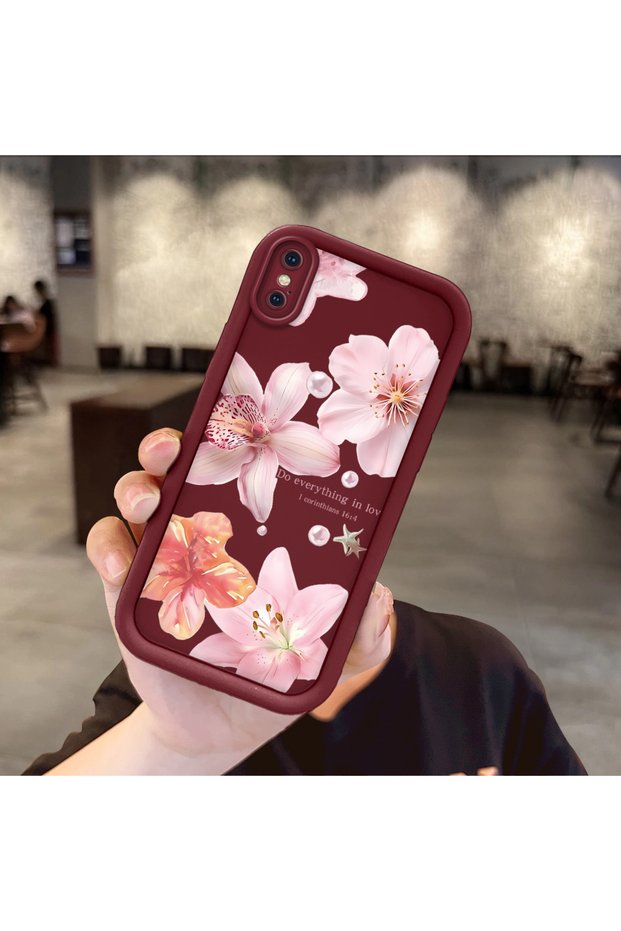iPhone X Compatible Case Camera Protector Floral Case Burgundy Lover Couple Silicone Phone Case