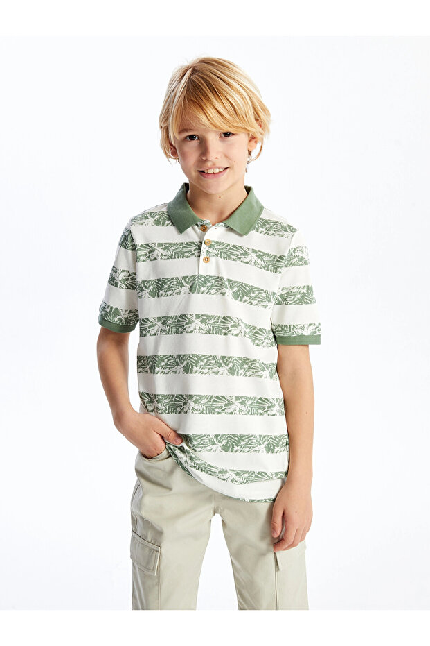 Ecru Polo Collar Printed Short Sleeve Boys' T-Shirt