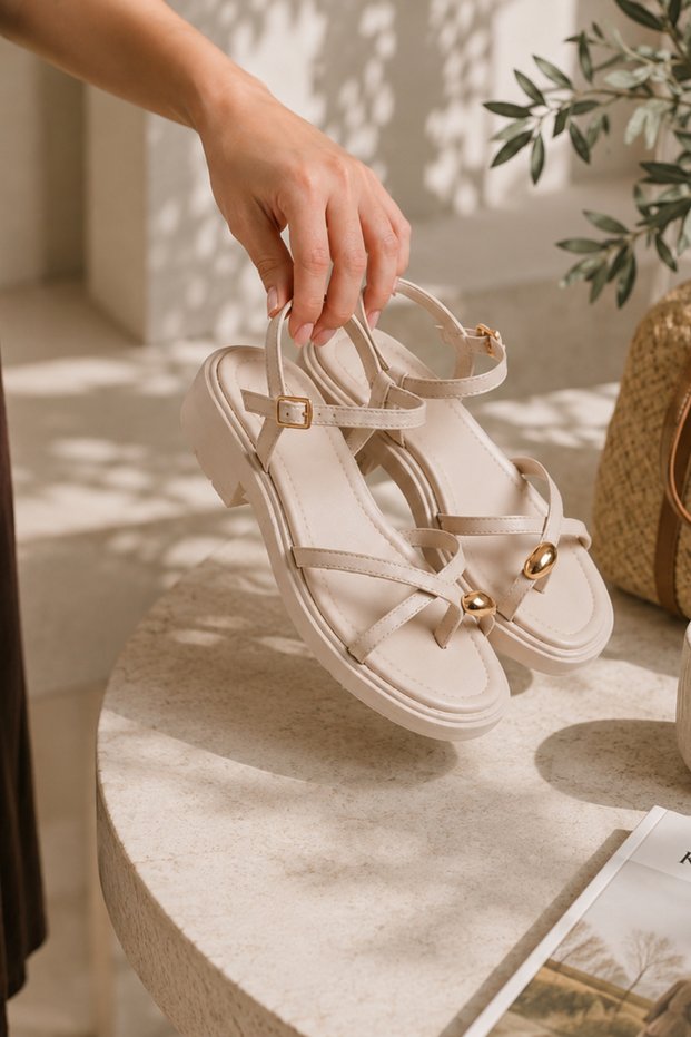 Gold Color Ring Detailed Casual Sporty Stylish Women's Sandals, Cream Beige Casual Women's Sandals